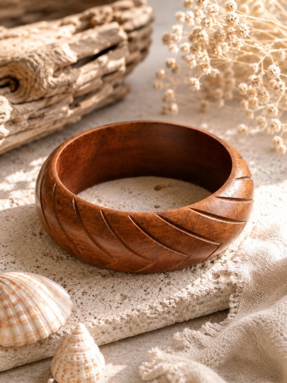 Vintage Carved Wood Bangle | Natural Organic Bracelet | Timeless Coastal Style